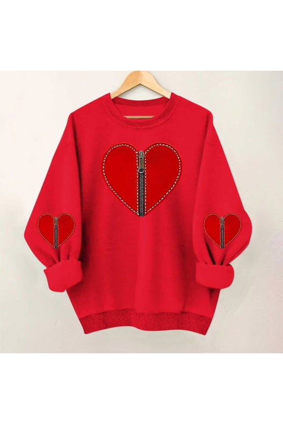 Women's Oversized Hoodless Sweatshirt with Heart-Shaped Line Print Round Neck Long Sleeves - Valentine's Day Fashionable Commuter Comfort Top Red L