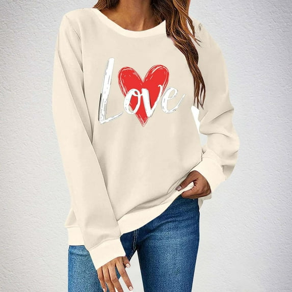 YueHuiYing Women's Oversized Hoodless Sweatshirt with Red Heart Pattern Print Crew Neck Long Sleeve Spring/Summer Valentine's Day Casual Versatile Top