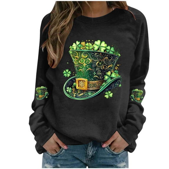 YueHuiYing Women's Oversized Hoodless Sweatshirt with Green Leaf Print Crew Neck Long Sleeve St. Patrick's Day Casual Top