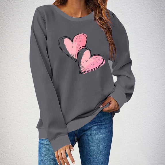 YueHuiYing Women's Oversized Hoodless Sweatshirt with Heart-Shaped Line Print Crew Neck Long Sleeve Spring/Summer Valentine's Day Fashion Fresh Top