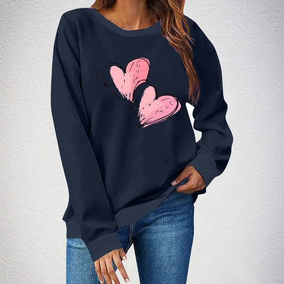 YueHuiYing Women's Oversized Hoodless Sweatshirt with Heart-Shaped Line Print Crew Neck Long Sleeve Spring/Summer Valentine's Day Fashion Fresh Top