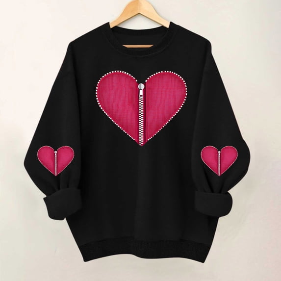 YueHuiYing Women's Oversized Hoodless Sweatshirt with Red Heart Pattern Print Round Neck Long Sleeves - Valentine's Day Everyday Versatile Casual Top Black S