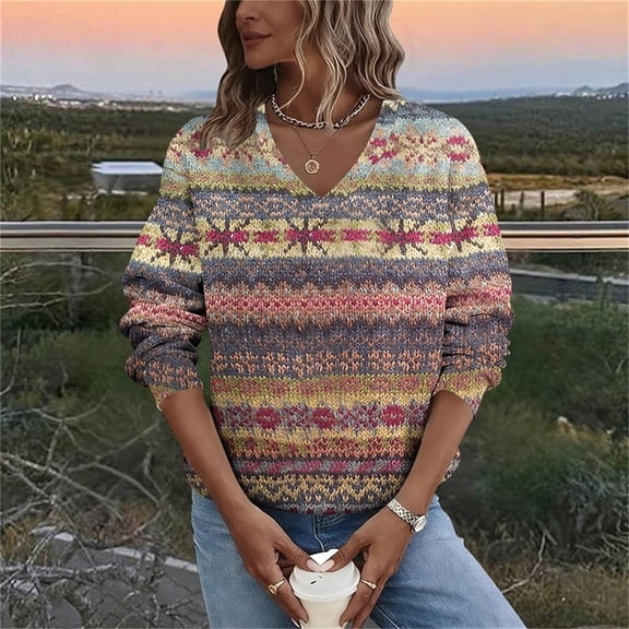 YueHuiYing Women's Oversized Portrait Print V-Neck Regular Long Sleeve Comfortable Hoodless Top