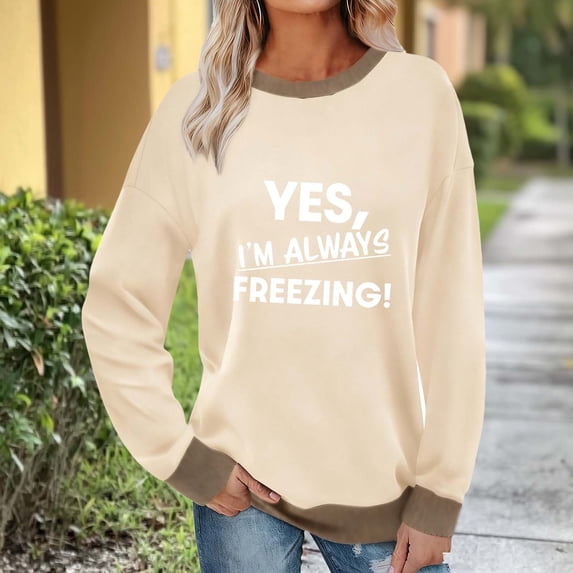 YueHuiYing Women's Oversized Top with Creative Letter Print Crew Neck Long Sleeves Fashionable Commuter Style Loose Fit Hoodless Sweatshirt