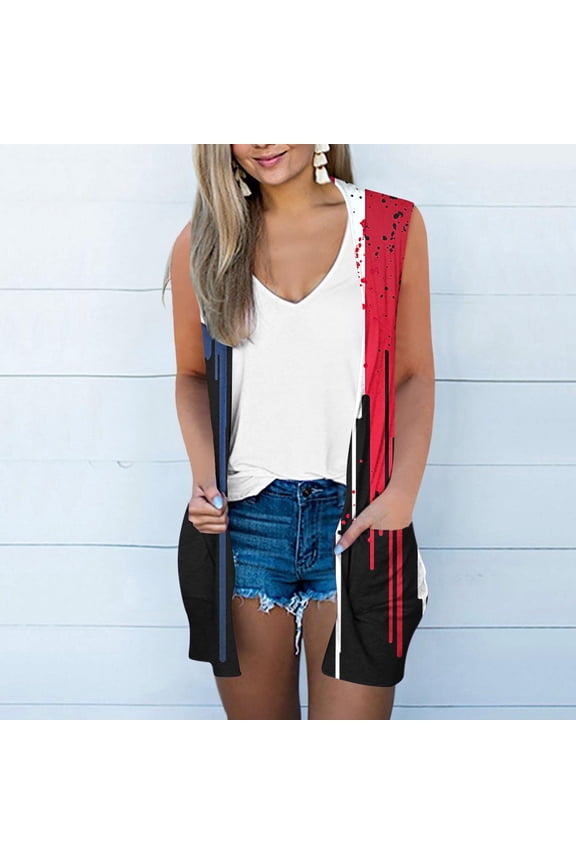 Women's Patriotic Kimono Cardigan - 3/4 Sleeve American Flag Print for 4th of July & Summer Festive Wear