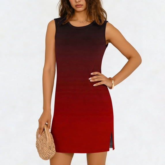 YueHuiYing Women's Purple Gradient Sleeveless Midi Dress with Round ...