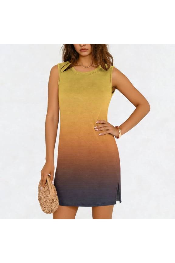 Women's Purple Gradient Sleeveless Midi Dress with Round Neck and High Side Slit - Available in Multiple Colors