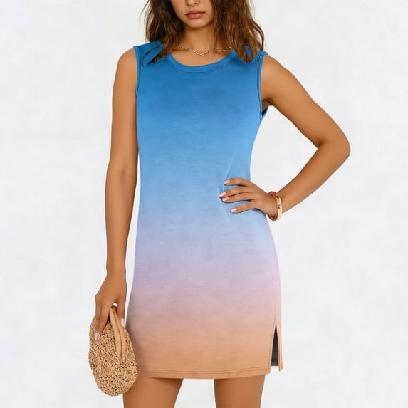 YueHuiYing Women's Purple Gradient Sleeveless Midi Dress with Round ...