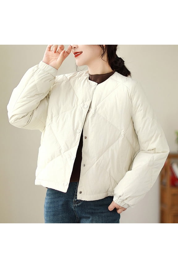 Women's Quilted Lightweight Jacket Casual Collarless Button Down Coat Short Jacket Outwear