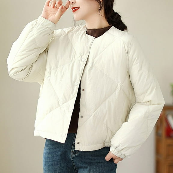 YueHuiYing Women's Quilted Lightweight Jacket Casual Collarless Button Down Coat Short Jacket Outwear