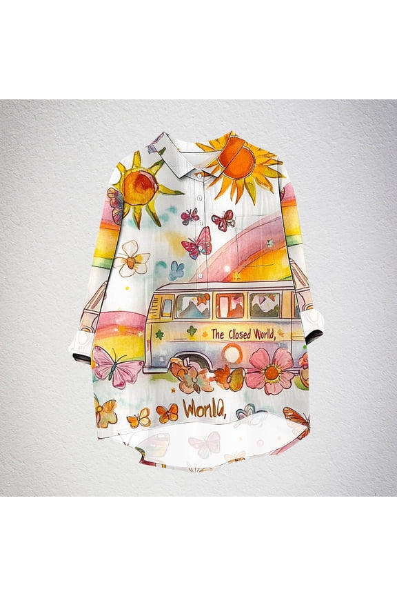 Women's Reversible Shirt Solid Color Lapel Loose Button Pullover Long-Sleeved Sweater Cartoon Graffiti Shirt