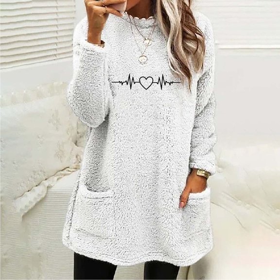 YueHuiYing Women's Round Neck And Winter Loose Solid Pocket Warm Long Sleeve Blouse Top