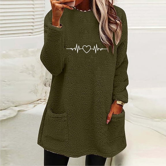 YueHuiYing Women's Round Neck And Winter Loose Solid Pocket Warm Long Sleeve Blouse Top