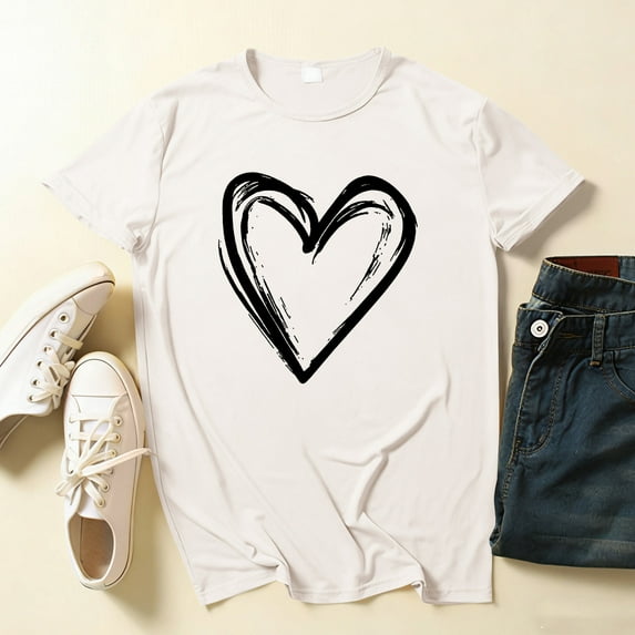 YueHuiYing Women's Round-Neck Heart-Pattern T-Shirt Cute and Casual Summer Short-Sleeved Valentine's Day Printed Loose T-shirt Tops