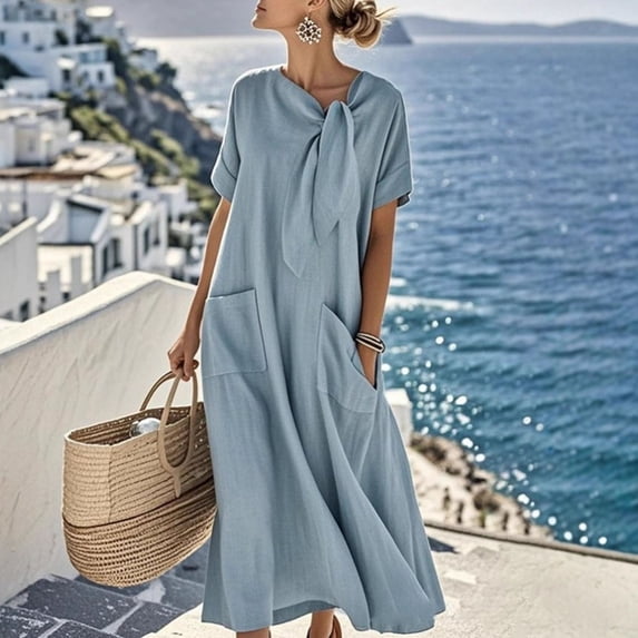YueHuiYing Women's Round Neck Short Sleeve Fashionable Solid Color Floor-Length Dress Neckline and Ankle Length