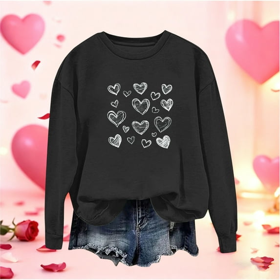 YueHuiYing Women's Round Neck Valentine's Day Heart-Shaped Printed Long Sleeved Top Lover Day Sweatshirt