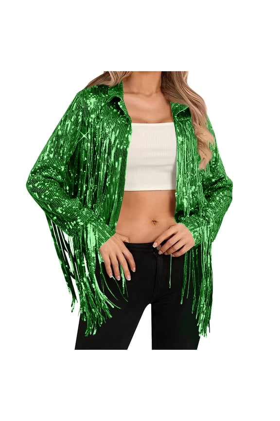 Women's Sequin Jacket Coat Sparkly Long Sleeve Tassel Blazer Fringe Party Club New Year's Eve Sequin Jackets