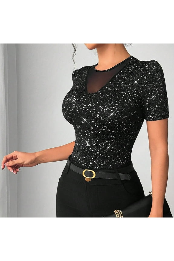 Women's Sheer Mesh Printed T-Shirt See-Through Short Sleeve Tops Lightweight Stretch Transparent for Layering