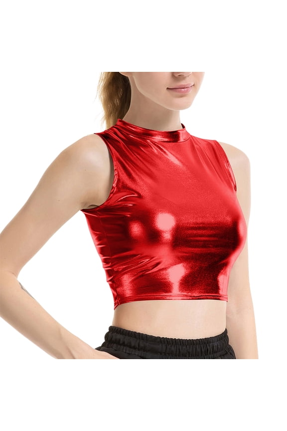 Women's Shiny Metallic Patent Leather Top Sleeveless Slim Fit Party Blouse For Nightclub Clubwear Evening Events