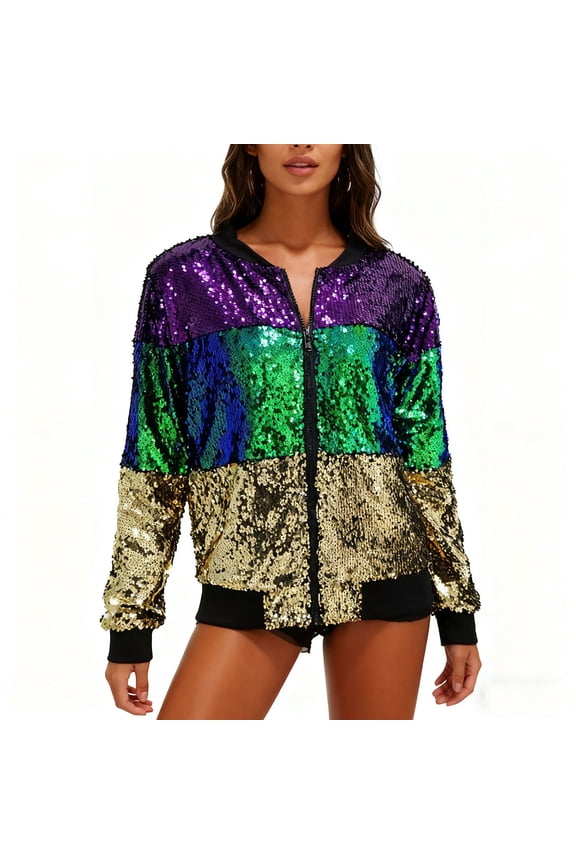 Women's Shiny Sparkle Sequins Long Sleeve Zip Blazer Halloween Party Bomber Jacket