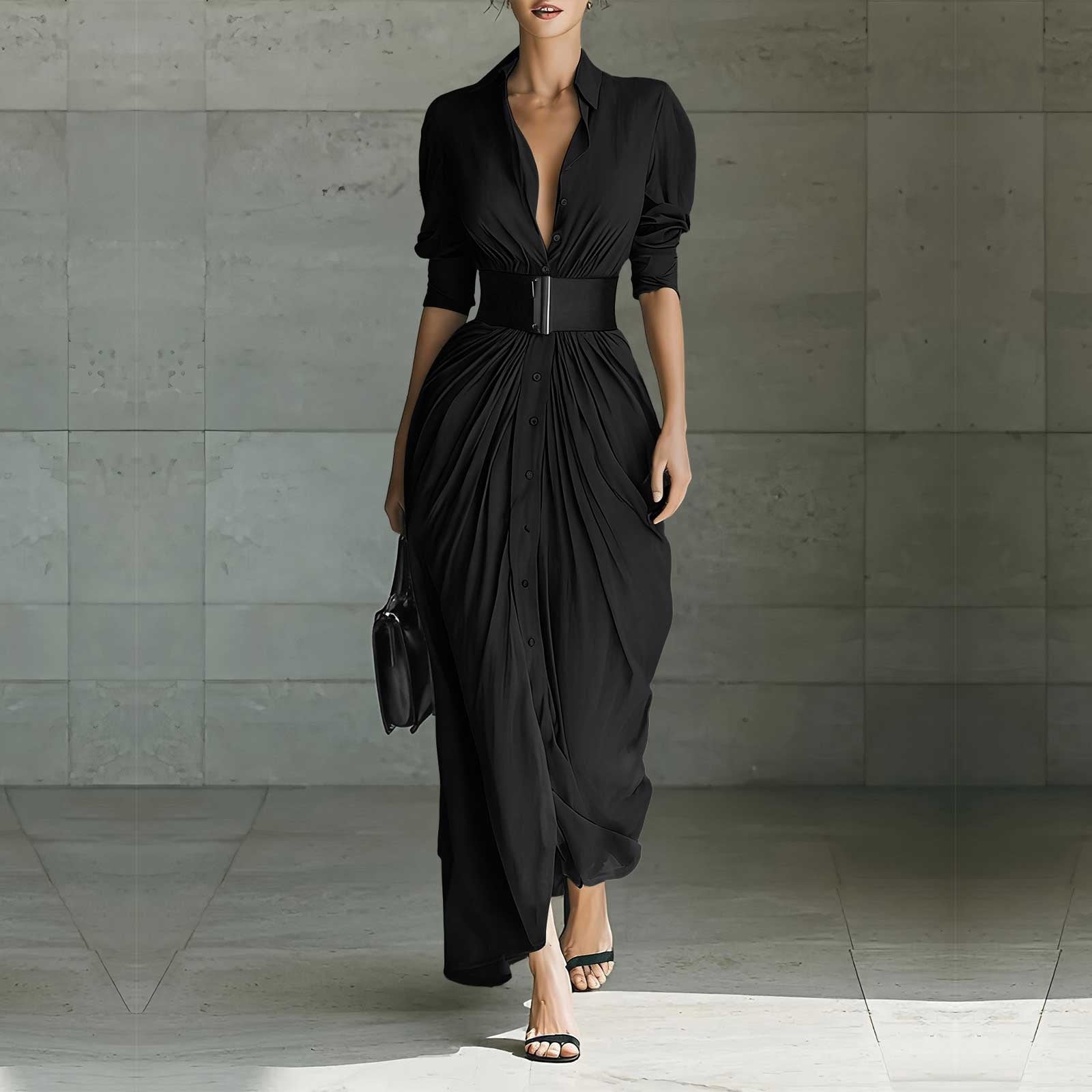YueHuiYing Women's Single Breasted Shirt Lapel Elegant Belt Slim Fit Pleated Long Sleeves Solid Color Slit Party Dress