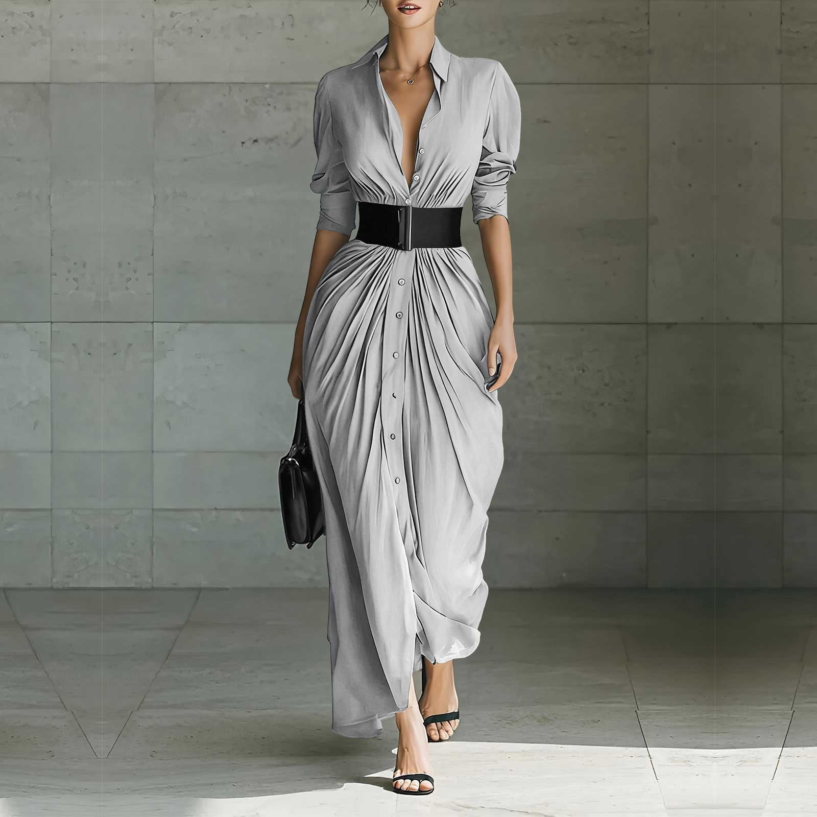 YueHuiYing Women's Single Breasted Shirt Lapel Elegant Belt Slim Fit Pleated Long Sleeves Solid Color Slit Party Dress