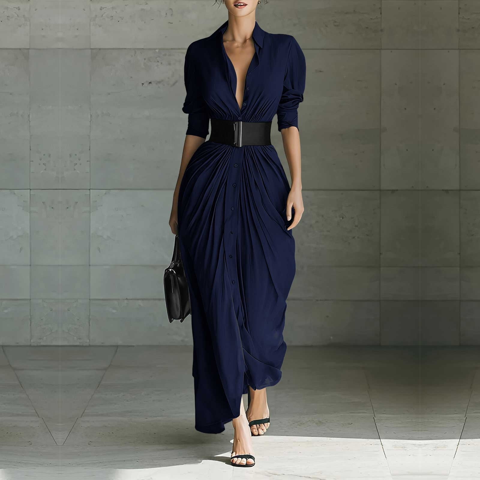 YueHuiYing Women's Single Breasted Shirt Lapel Elegant Belt Slim Fit Pleated Long Sleeves Solid Color Slit Party Dress