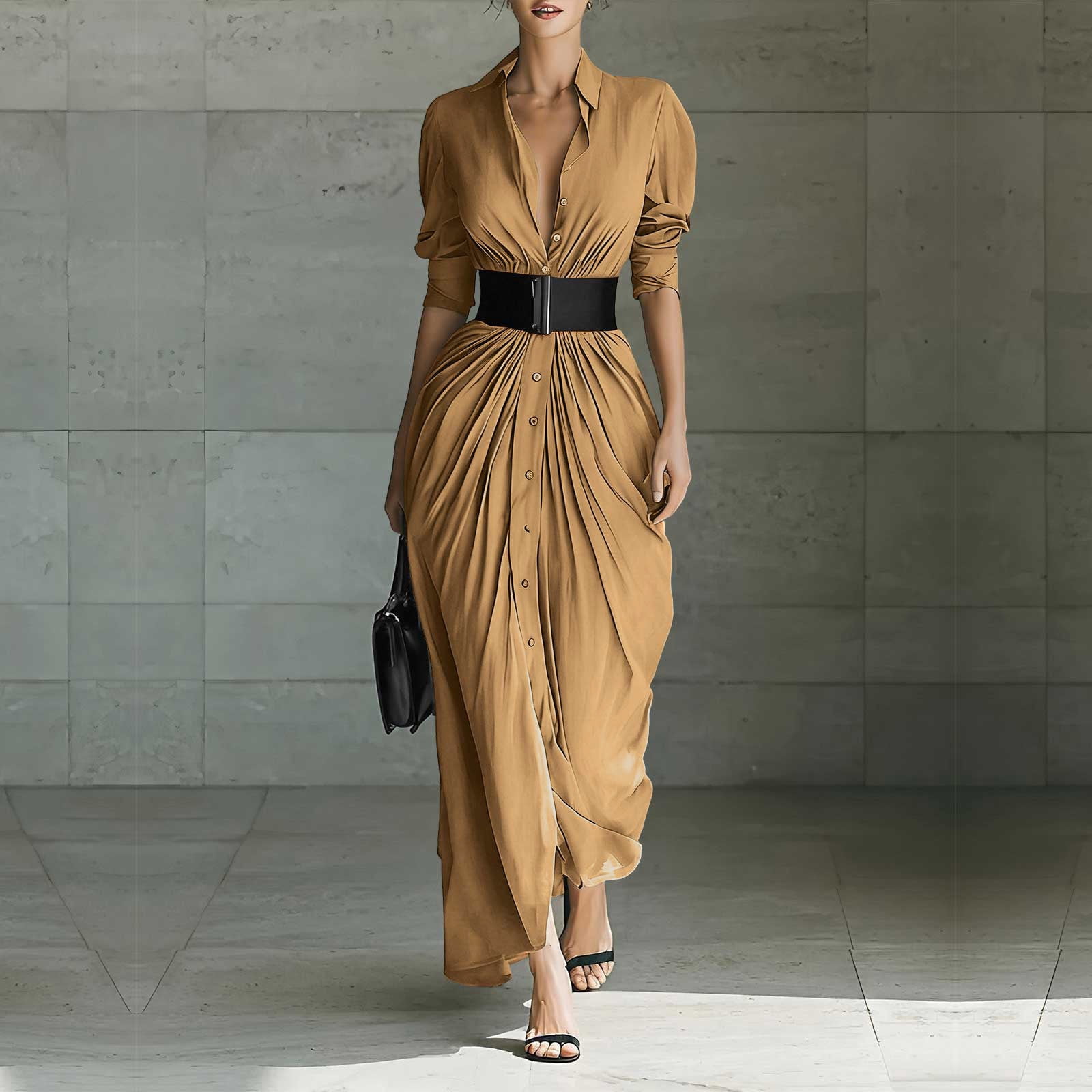 YueHuiYing Women's Single Breasted Shirt Lapel Elegant Belt Slim Fit Pleated Long Sleeves Solid Color Slit Party Dress