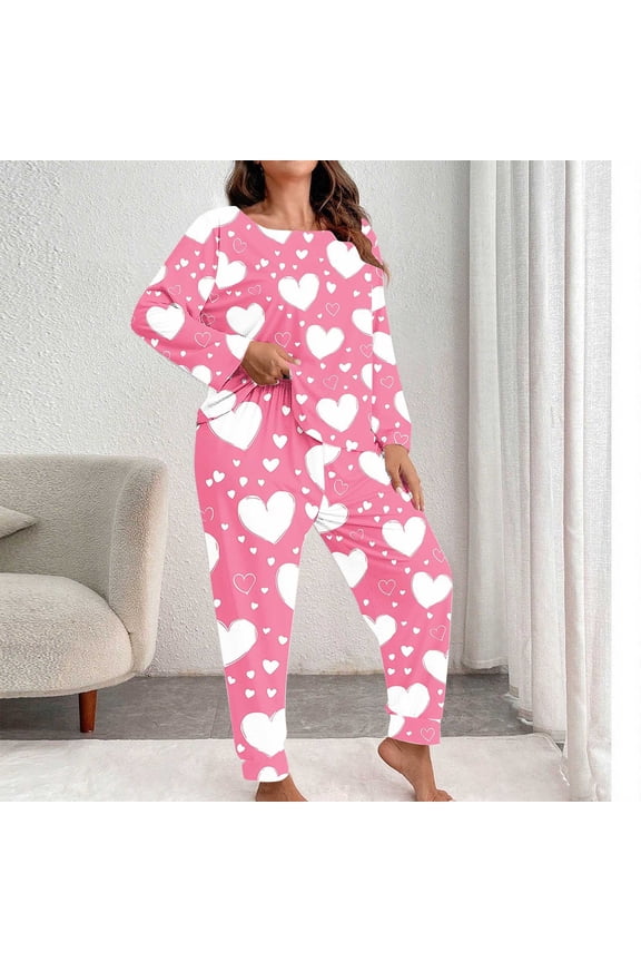 Women's Sleepwear Long Sleeve Heart Print Pajama Two Piece Set Pullover And Elastic Waist Pants Loungewear