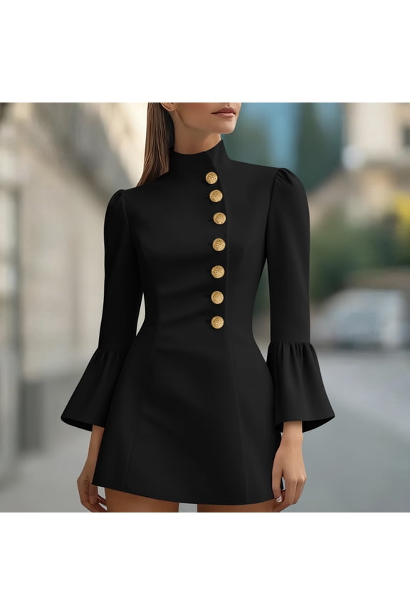 Women's Slim-Fit Solid-Color Waist-Defining Bell-Sleeve Stand-Up Collar Single-Breasted Button-Up Long-Sleeve Knee-Length Dress
