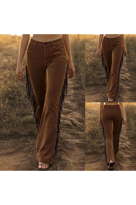 Women's Solid-Color Button-Pocket Vintage Western Fringe Faux Suede Bell-Bottom Casual Pants