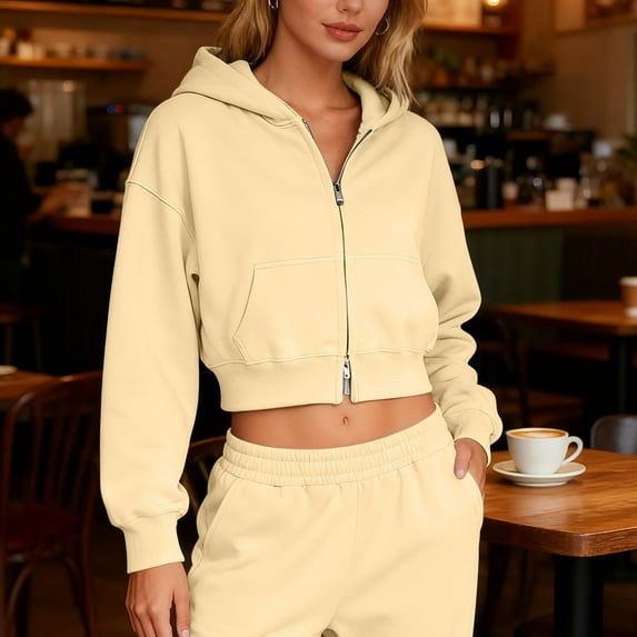 YueHuiYing Women's Solid Color Casual Sports Short Double Layered Hooded Long Sleeved Sweatshirt Casual Zipper Jacket