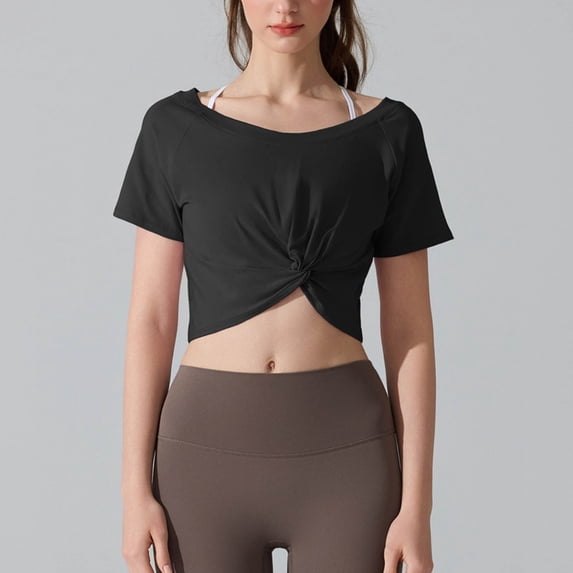 YueHuiYing Women's Solid Color Casual Yoga Top Loose Fit Split Crew Neck Short Sleeve For Fitness Workouts Gym Sessions And Active Wear