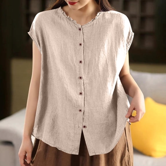 YueHuiYing Women's Solid Color Cotton Linen Ruffled Crew Neck Button Front Short Sleeve Top For Casual Daily Wear And Summer Outings