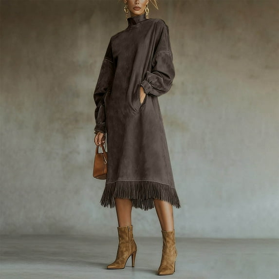 YueHuiYing Women's Solid Color Faux Suede Vintage-Style Loose-Fit Long-Sleeve Dress with Pockets and Fringe Detail