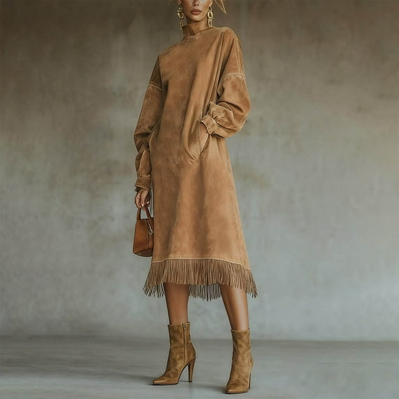 YueHuiYing Women's Solid Color Faux Suede Vintage-Style Loose-Fit Long-Sleeve Dress with Pockets and Fringe Detail