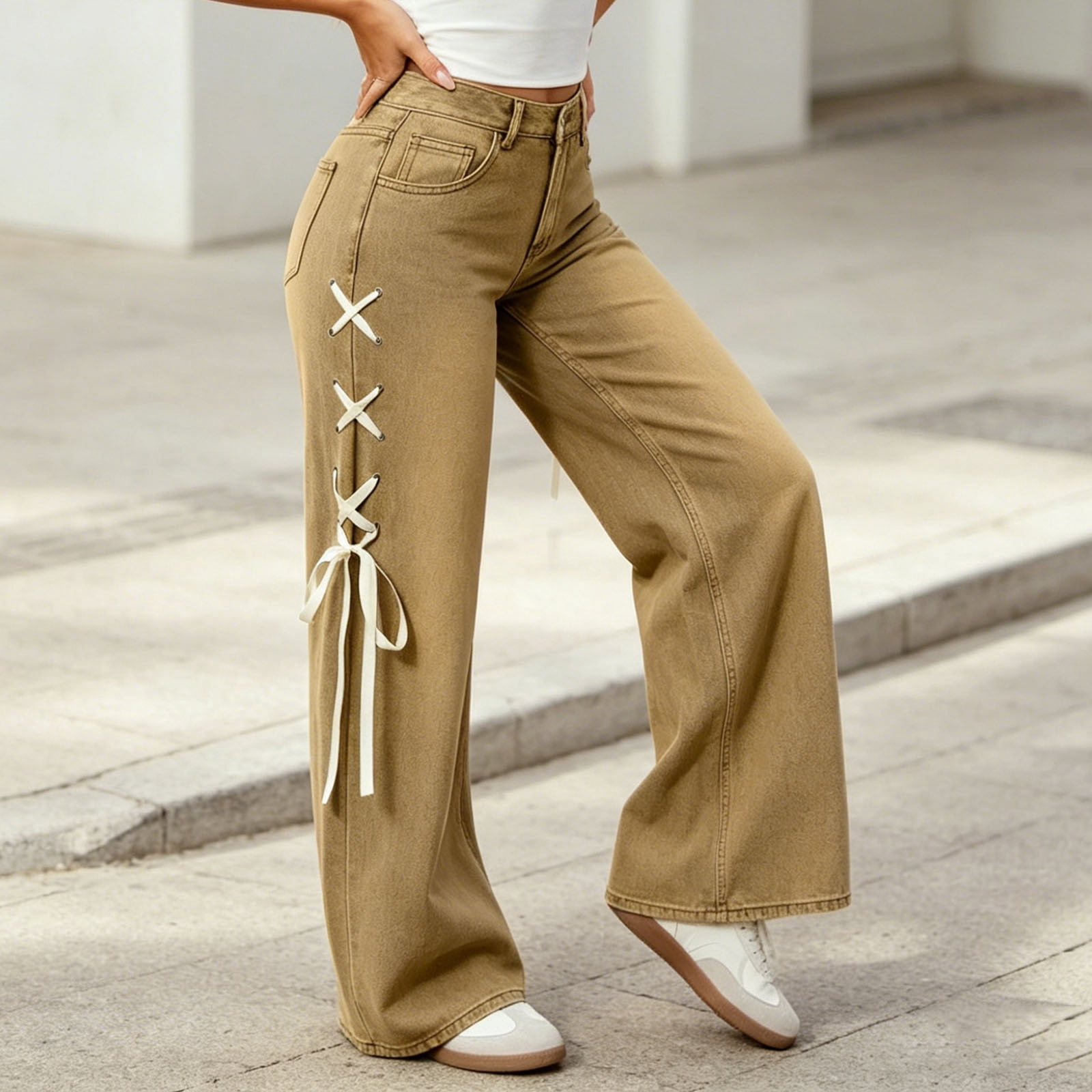 YueHuiYing Women's Solid Color High Rise Ribbon Side Detail Wide Leg ...