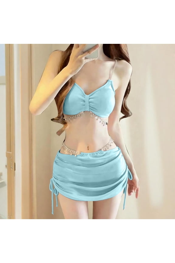 Women's Solid Color Light Blue Ruffled Hem Two Piece Bikini Swimsuit For Vacation Pool Parties And Summer Getaways