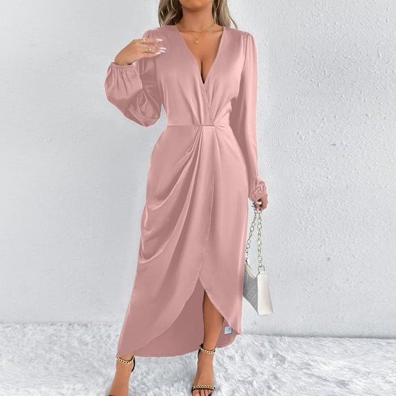 YueHuiYing Women's Solid Color Long Sleeve V-Neck Waist Split Formal Cocktail Wedding Guest Satin Dresses
