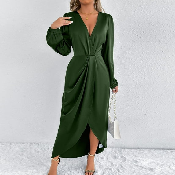 YueHuiYing Women's Solid Color Long Sleeve V-Neck Waist Split Formal Cocktail Wedding Guest Satin Dresses