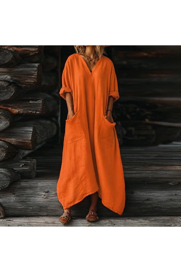 Women's Solid-Color Loose-Fit Casual Cotton-Linen Blend Asymmetric Hem 3/4 Sleeve V-Neck Pocket Dress