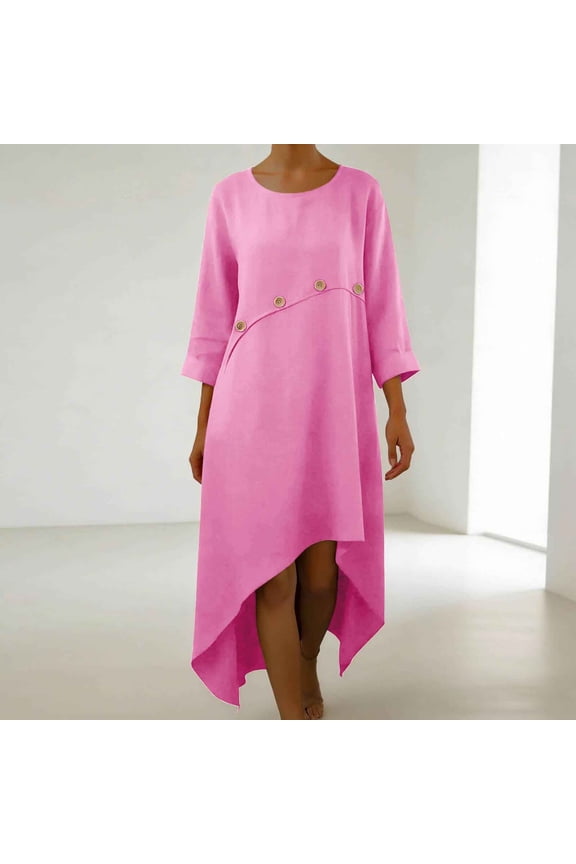 Women's Solid-Color Loose-Fit Casual Cotton-Linen Blend Asymmetrical Hem 3/4 Sleeve Round Neck Dress