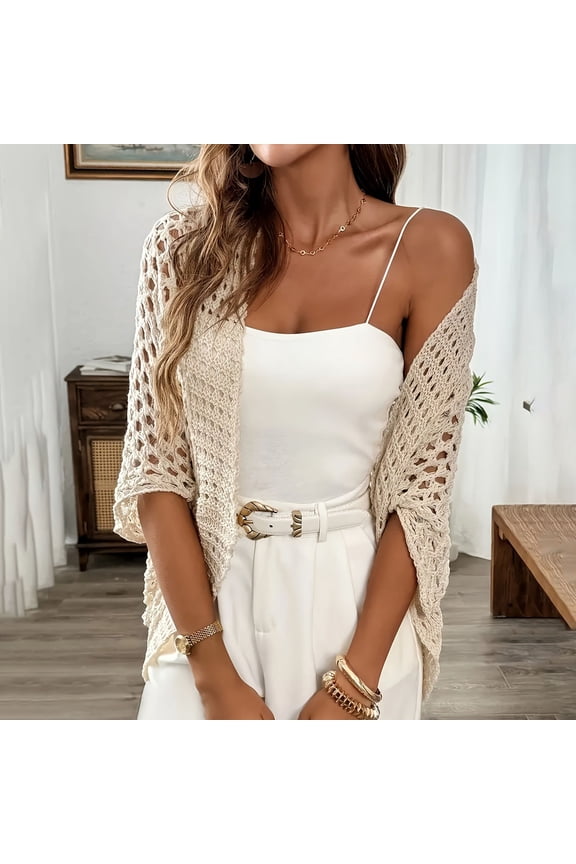 Women's Solid Color Openwork Knit Sweater Buttonless Air-Conditioned Sweater Casual Outerwear