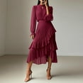 thumbnail image 1 of YueHuiYing Women's Solid-Color Pleated Lace Ruffled Asymmetric Hem Long-Sleeve Crew Neck Dress, 1 of 9