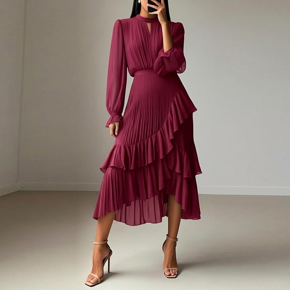YueHuiYing Women's Solid-Color Pleated Lace Ruffled Asymmetric Hem Long-Sleeve Crew Neck Dress