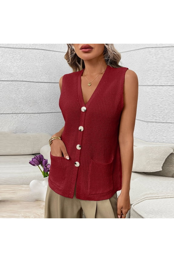Women's Solid-Color Pocket Button-Front Cardigan with V-Neck Sleeveless Casual Fashion Tank Top