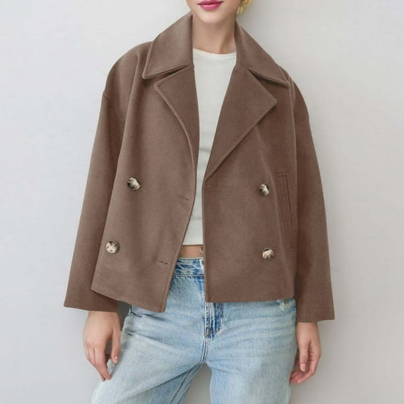 YueHuiYing Women's Solid Color Short Trench Coat Long Sleeve Lapel Double Breasted Jacket Fashion Casual Outerwear
