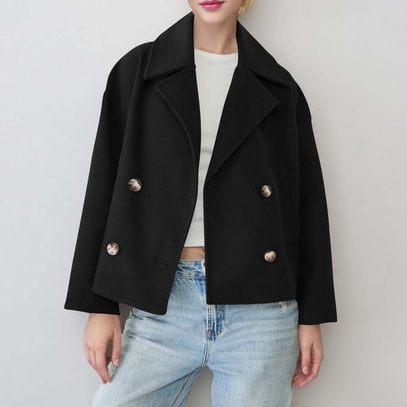 YueHuiYing Women's Solid Color Short Trench Coat Long Sleeve Lapel Double Breasted Jacket Fashion Casual Outerwear