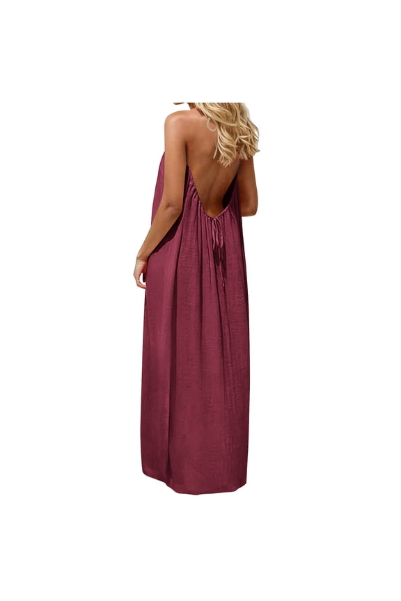Women's Solid-Color Strapless Backless Loose-Fit Loungewear Sleeveless Round-Neck Ankle-Length Dress