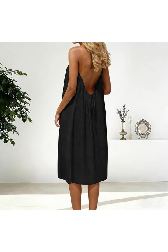 Women's Solid-Color Strapless Backless Loose-Fit Loungewear Sleeveless Round-Neck Ankle-Length Dress